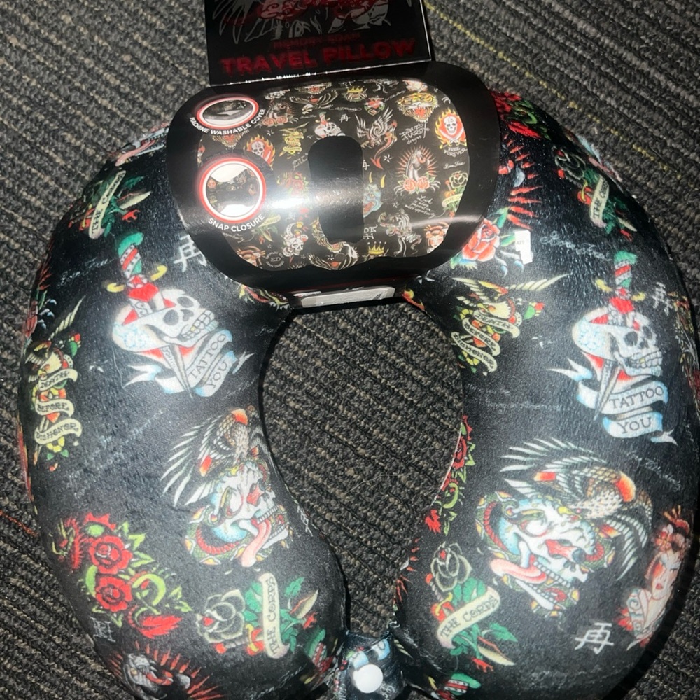 Ed Hardy Black Travel Pillow with Colorful Tattoo Designs
